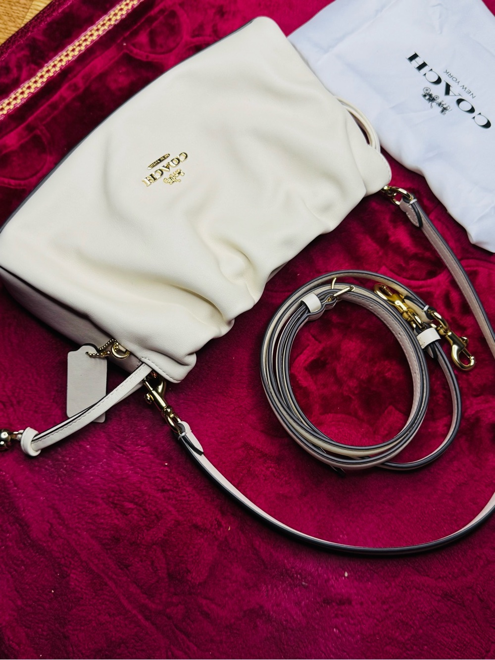 Coach White Leather Drawstring Crossbody with Gold Hardware